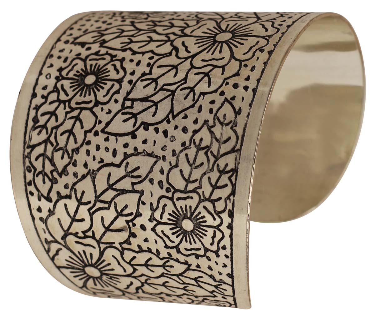 Wholesale Bracelets from India – Antique-Look Cuff Bracelet – Cast in Brass – Nickel Plated & Black Shading – Floral & Leafy Motifs – Bracelets in Bulk